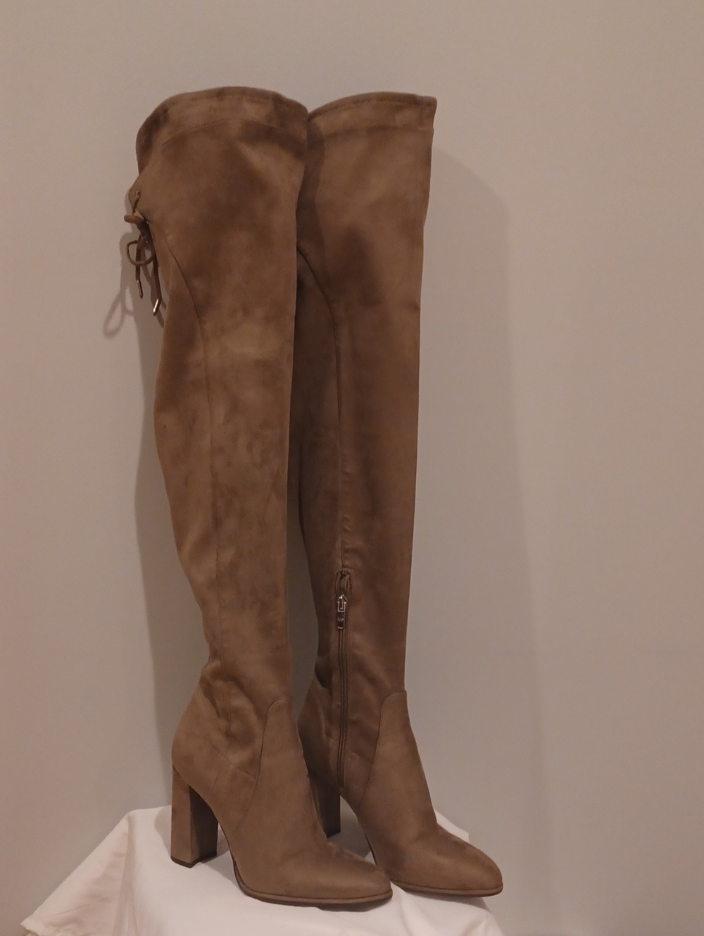 Marc Fisher Over-the-Knee Chunky Heel Boots in Taupe
